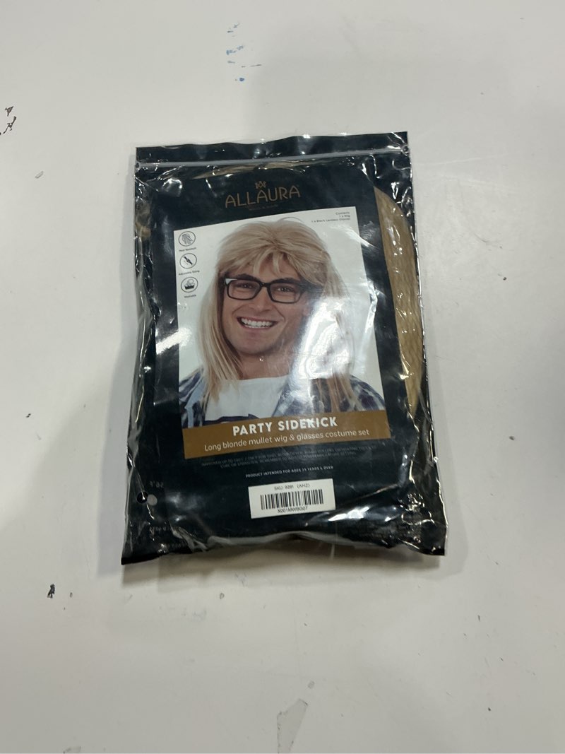Condition photo showing New/Like New for ALLAURA Compatible with Garth Wig – Blonde Mullet Wig + Black Glasses for Men – 80s 90s Rocker, Punk, Heavy Metal Costume – Funny Halloween Couples Outfit, Party Cosplay, Garth & Wayne Duo Look Blonde+Accessories