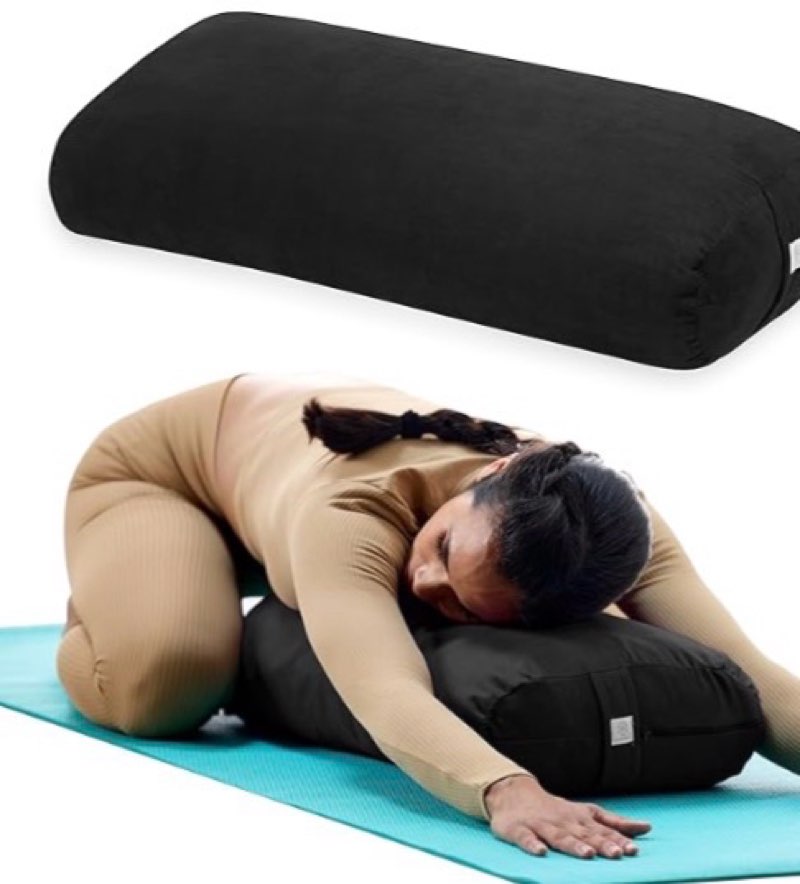 gaiam round yoga bolster pillow, soft meditation cushion for yoga, massage and back support, breathable cotton fill, zippered microfiber cover, easy-carry handle, machine washable black