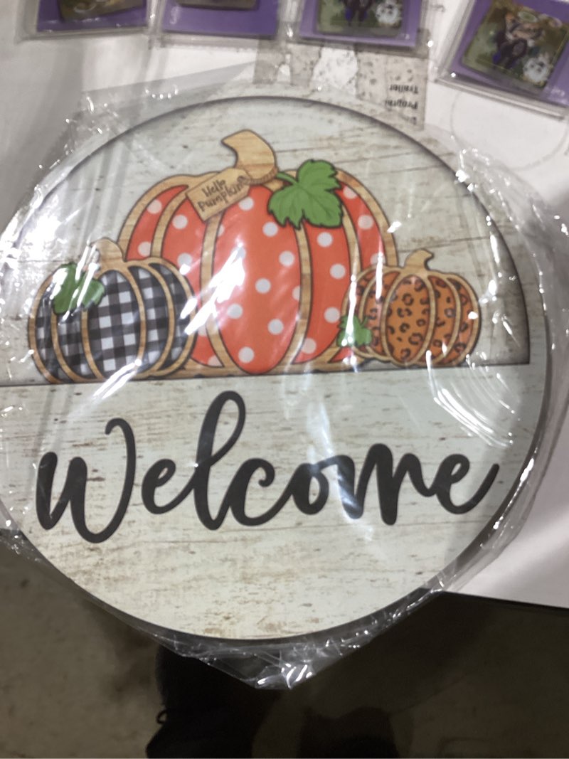 Condition photo showing New/Like New for Fall Welcome Door Sign Thanksgiving Day Pumpkin Wreath Autumn Seasonal Harvest Halloween Indoor Outdoor Entrance Door Hanger Greeting Party Decorations 12 X 12 Inches