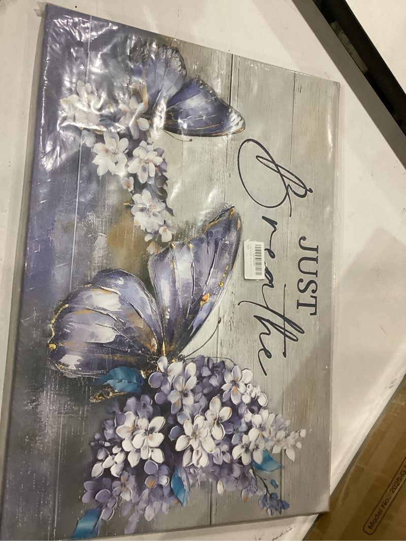 Condition photo showing New/Like New for ooeiiiy butterfly canvas wall art purple butterfly and flower wall decor motivational picture poster wall decor modern just breathe prints painting framed for bathroom office bedroom 16''x24''