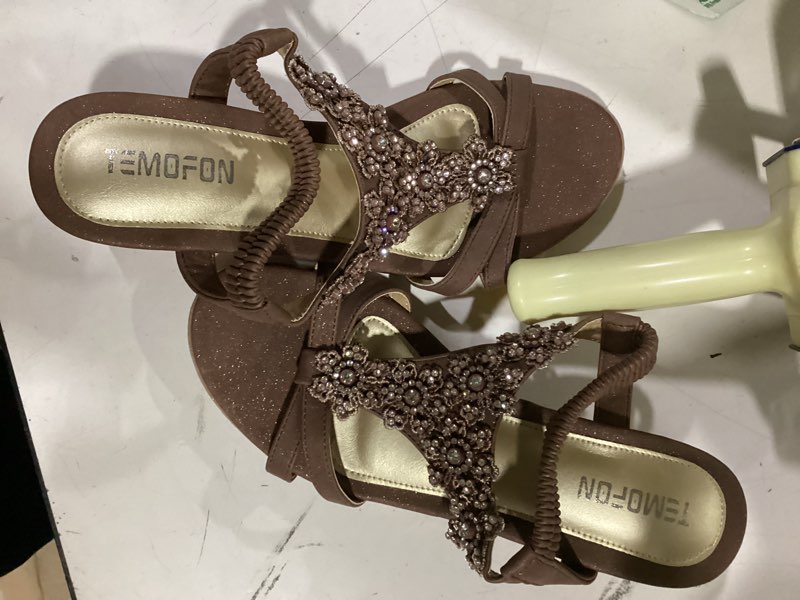 Condition photo showing As Is for temofon women's low wedge heels summer dressy platform sandals elastic ankle strap open toe flower shoes 7 25-bronze