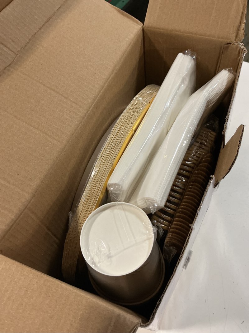 Condition photo showing New/Like New for aire 175pcs white gold paper plates party supplies dinnerware sets for 25 guests, disposable paper party plates, cups and napkins, gold plastic forks knives spoons for wedding birthday bbq parties