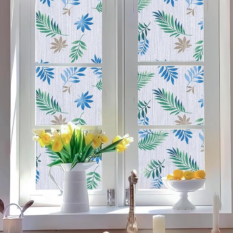 Bofeifs Window Privacy Film: Static Cling Decorative with Leaves Frosted Glass Film for Bathroom Doo