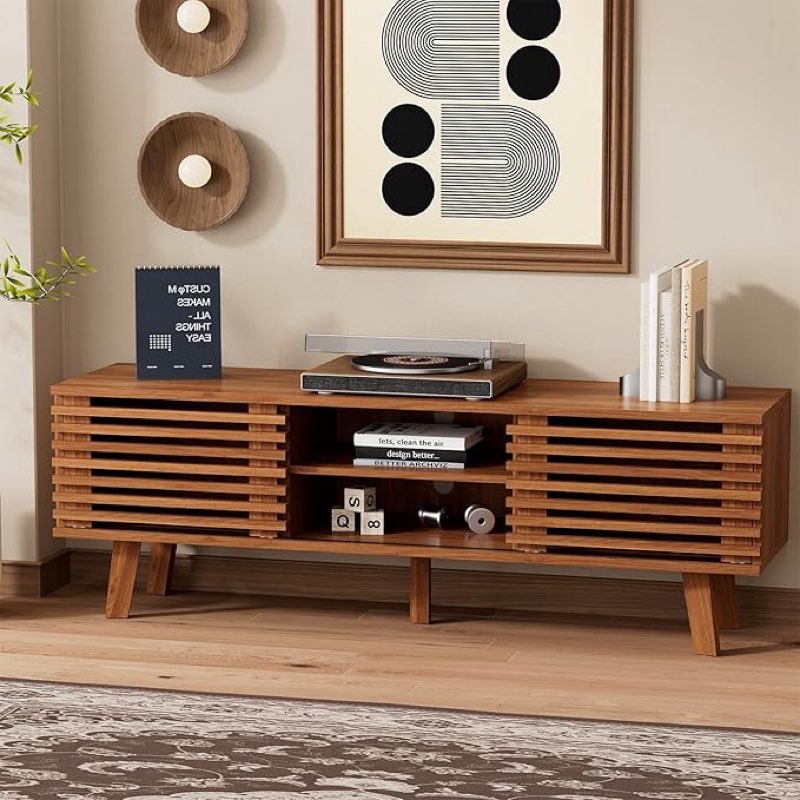 Mid Century Modern TV Stand for 55/60/65 inch TV, Entertainment Center with Sliding Door and Storage Shelves, TV and Media Consol for Living Room, Boho Wood Credenza for Living Room