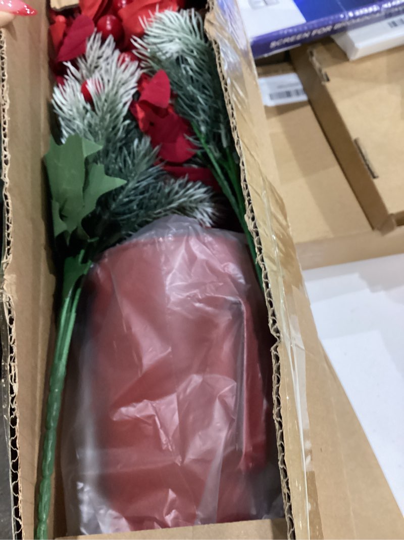 Condition photo showing New/Like New for Artificial Poinsettia Flowers with Metal Vase, Christmas Floral Arrangements for Table Centerpiece, Indoor Christmas Decorations for Home, Office, Wedding (Red Bouquet)