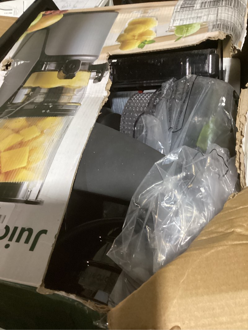 Condition photo showing Good Condition for juicer machines, 3-in-1 cold press juicer with 6.5" extra large chute, 100oz large capacity, ac motor, makes juice, nut milk & sorbet, premium gray