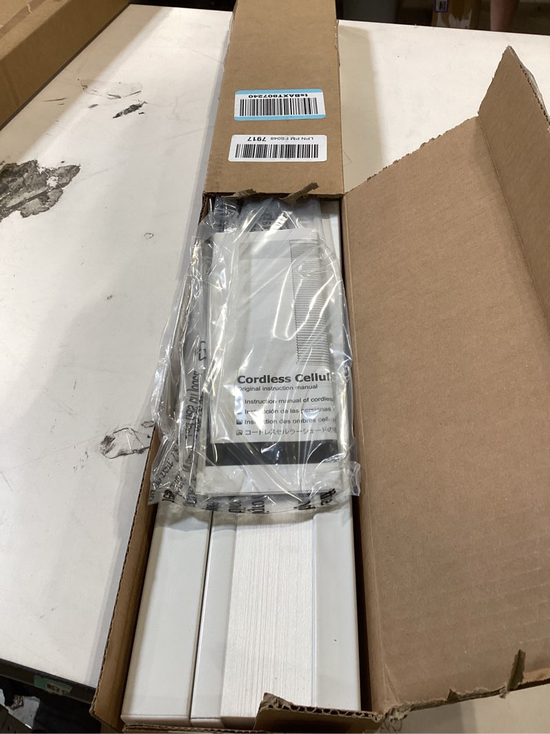 Condition photo showing Good Condition for lazblinds cordless cellular shades, blackout privacy honeycomb shades for home, thermal insulation noise reduction blinds for windows, 28'' w x 64'' h, white blackout-white 28'' w x 64'' h