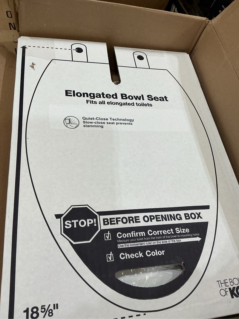 Condition photo showing New/Like New for kohler 20110-0 brevia, slow close toilet seat, elongated toilet seat, grip-tight bumpers quick-attach hardware, white white elongated quiet-close