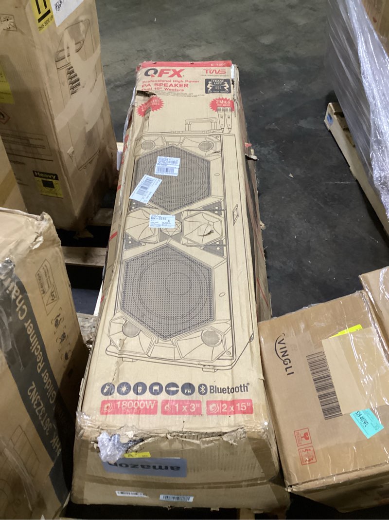 Condition photo showing New/Like New for qfx e-1500 professional large bluetooth speakers | portable pa speaker system | dual 15” woofers, 1.5” tweeter, and party lights