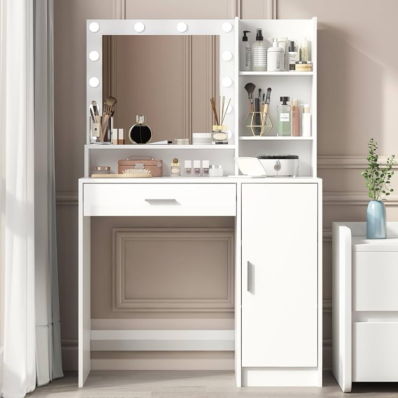 Palimder Vanity Desk with Mirror and Light, Large Drawer and Three Level Storage Dresser, 3 Lighting