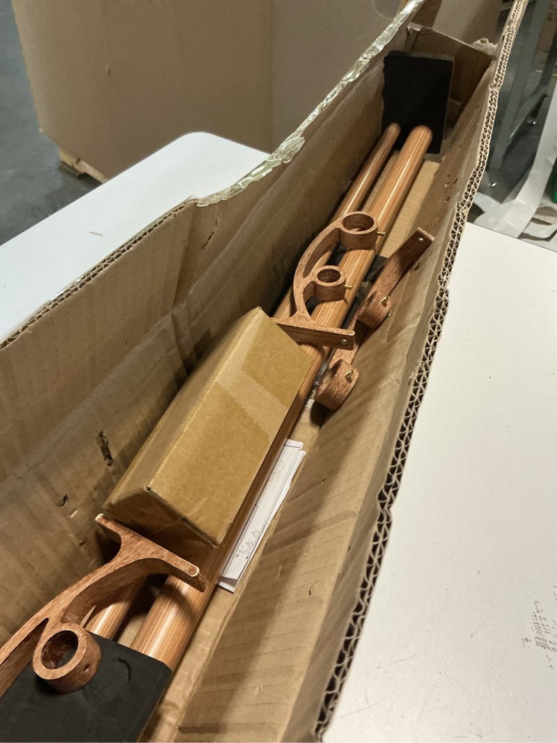 Condition photo showing As Is for wood double curtain rods set for windows 36 to 72 inches (3 to 6 ft), adjustable heavy duty dual drapery rods, 1 inch boho rustic decorative design with imitation wood grain leaf finials brown wood grain 36-72"