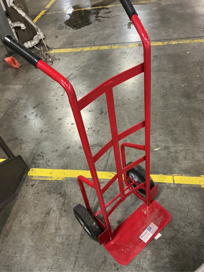 Condition photo showing As Is for Milwaukee 800-lb Capacity 2 -Wheel Red Steel Standard hand truck Rubber