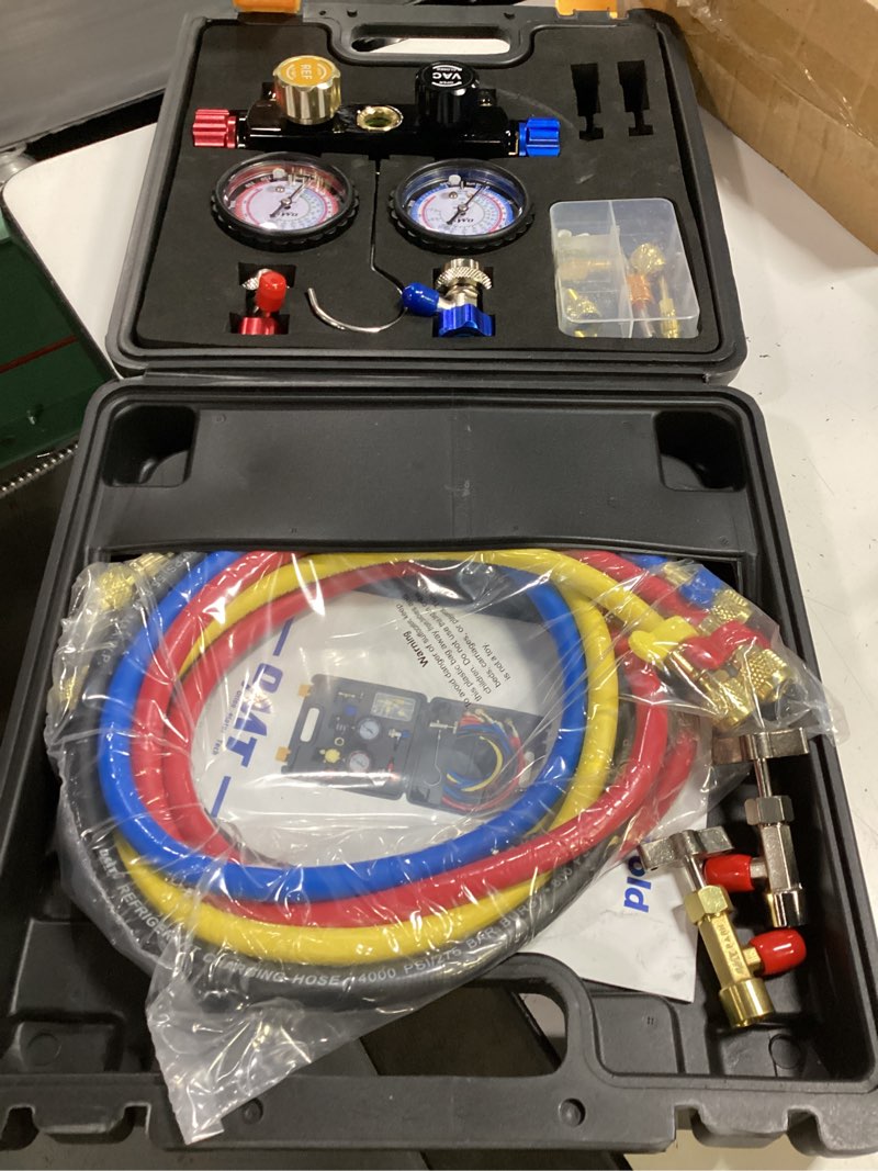 Condition photo showing Good Condition for orion motor tech 4 way ac gauge set for r410a r22 r134a refrigerant, 4 valve automotive ac manifold with 5ft hoses, r410a adapters, can tap