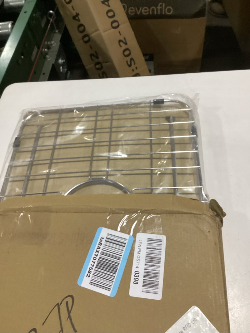 Condition photo showing New/Like New for sink grid 18" x 12-1/2", kitchen sink grid, sink protectors for kitchen sinks, stainless steel material, sink bottom grid with rear drain for single bowl (18" x 12-1/2" centered drain)