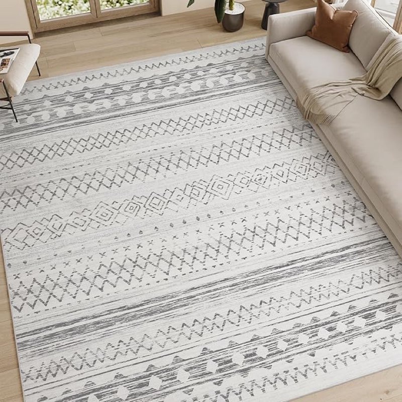 8’x10’Runner Rug - Washable Neutral Grey Area Rug for Bedroom, Dining Room, Play Room - Soft Boho Carpet Grey 8’x10’