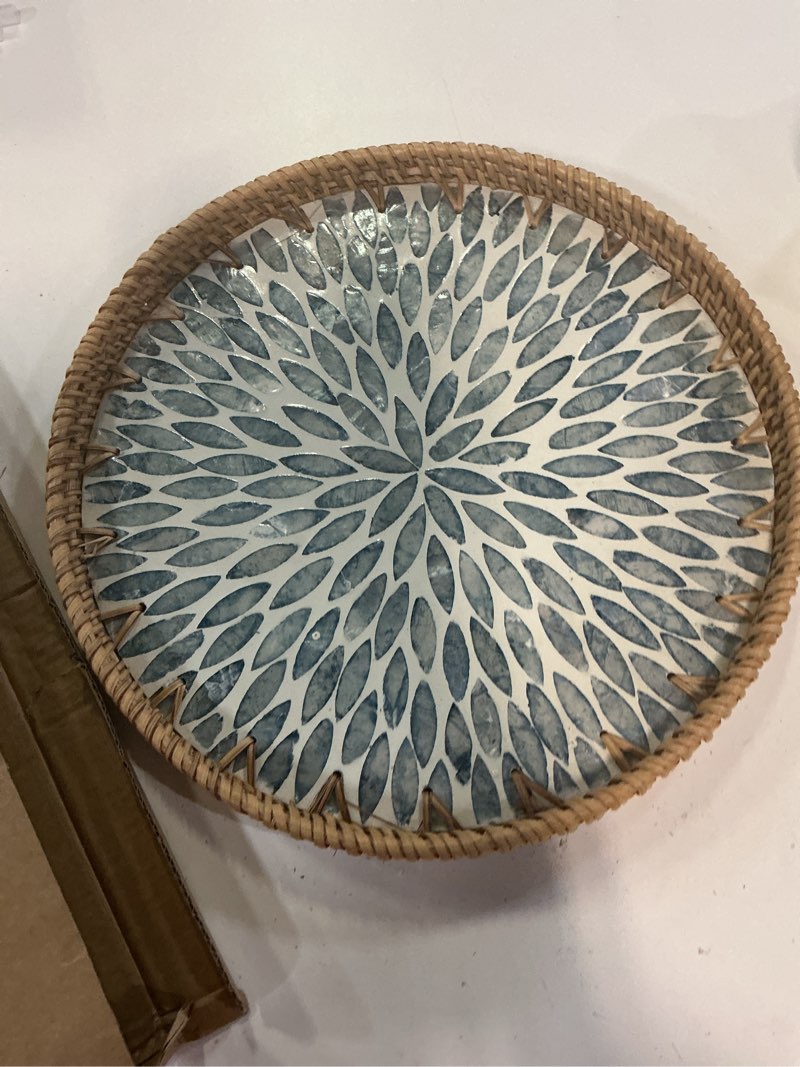 Condition photo showing New/Like New for round rattan tray with mother of pearl inlay, decorative wicker serving tray with wooden base, woven basket trays for bread fruits coffee, light blue 1 pack