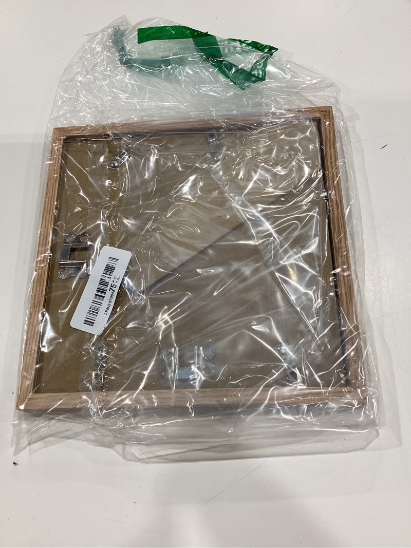 Condition photo showing New/Like New for puthiac 8x8 solid oak wood picture frame, fits 4x4 with mat or 8x8 without mat, wall or tabletop display with stand, plexi front, 1 pack, natural oak beige-1p 8x8