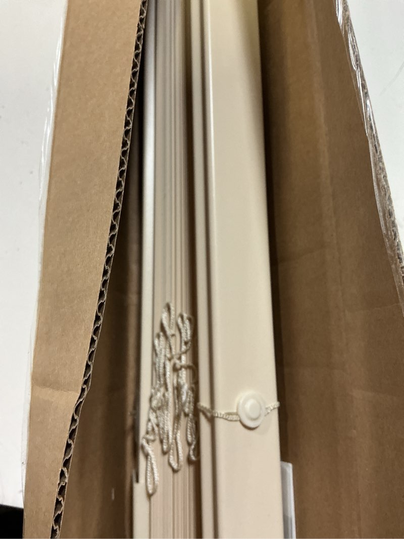 Condition photo showing As Is for lazblinds no drill vinyl mini blinds, 43" w x 48" h, beige | s-shaped slats create a tighter seal, ideal for bedrooms, kitchens & bathrooms beige 43" w × 48" h