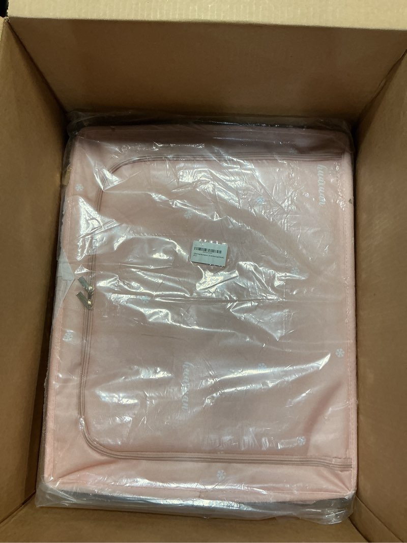Condition photo showing New/Like New for clothes storage bag organizer,2 packs 19.7"x15.7"x12.9" large capacity clear window fabric storage bins with dual handles for bedroom, nursery, office,foldable with sturdy zipper(pink,66l)