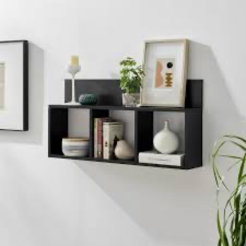 Danya B. Modern 3 Cube Floating Wall Shelf with Display Ledge - Easy to Hang Wall Mounted Triple Cubby Shelf ( black) 