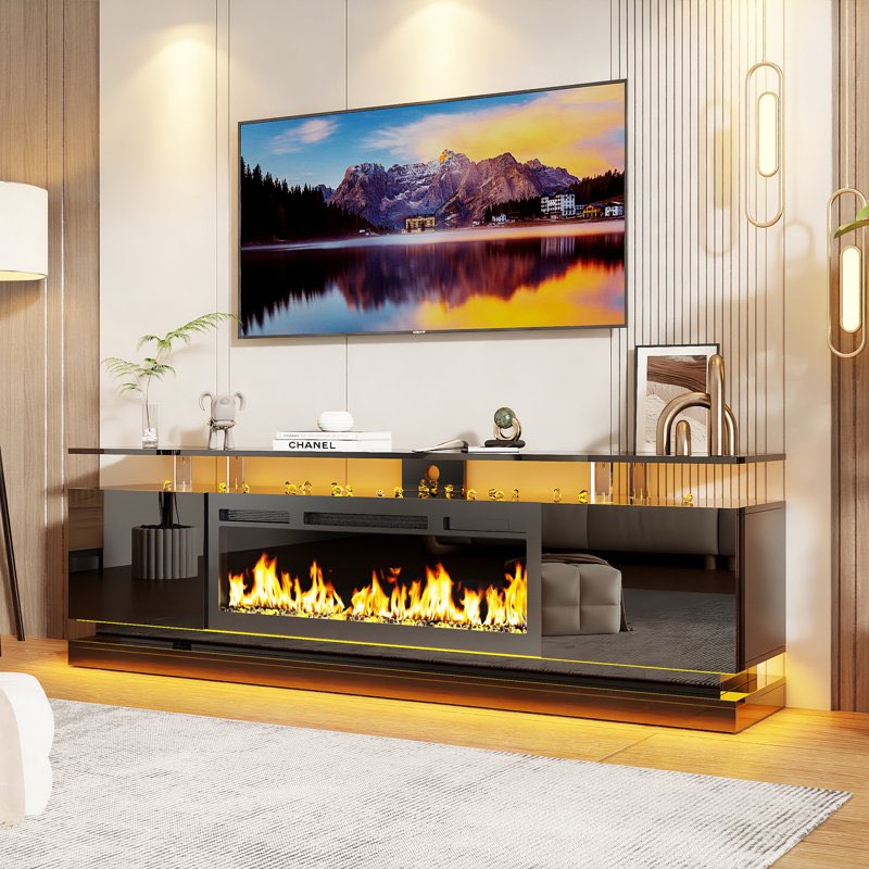 Gollahon TV Stand for TVs up to 80'' with Electric Fireplace, High Gloss Entertainment Center with LED Lights, Modern TV Console Cabinet,  Media Console