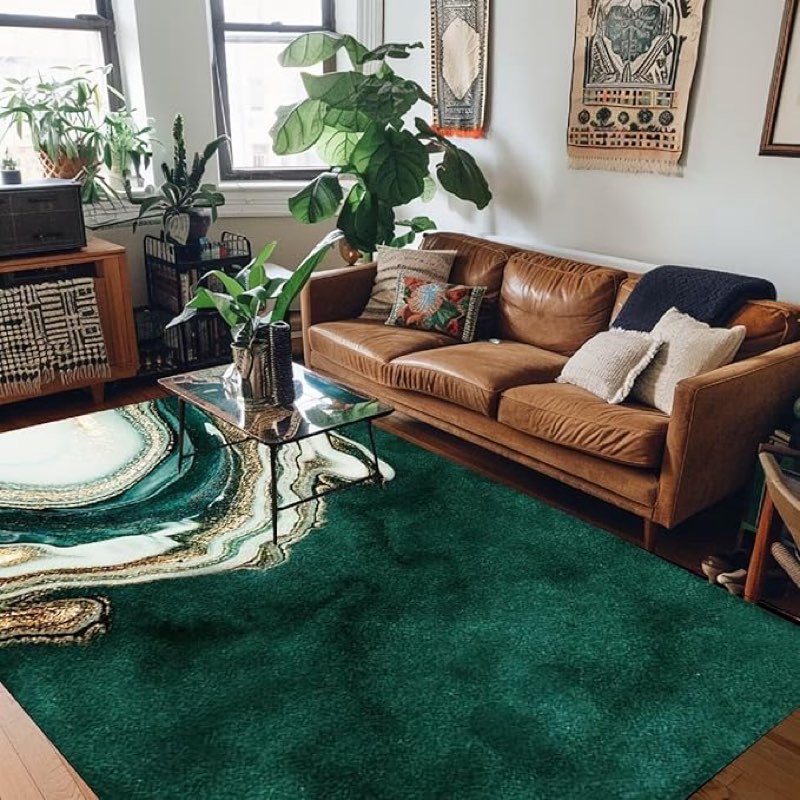 Emerald Green Marble Area Rug Abstract Marble Texture Print Floor Mat Non-Slip Indoor Decorative Mod