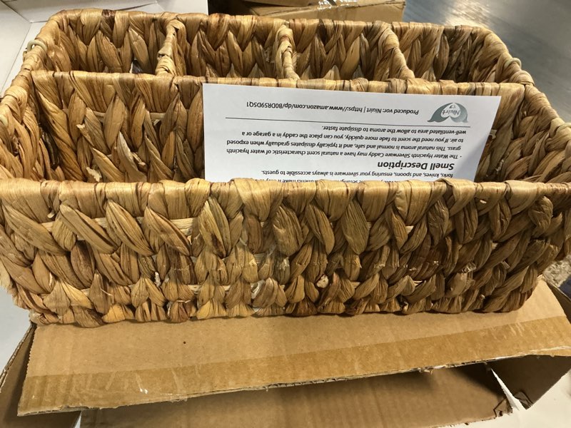 Condition photo showing Good Condition for wicker party silverware caddy, water hyacinth plastic cutlery utensil holder, hand woven with handles, kitchen countertop and picnic flatware organizer (5 compartments) water hyacinth - 5 compartments