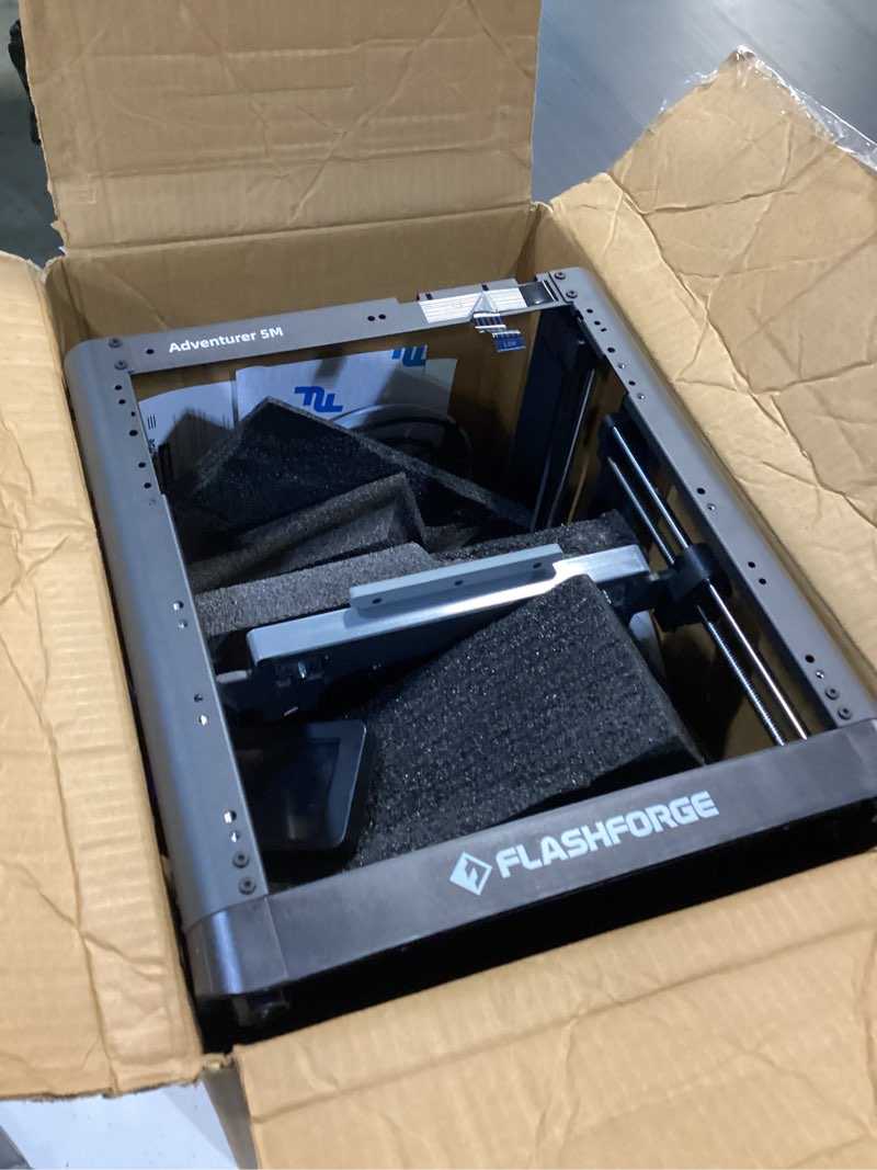 Condition photo showing As Is for flashforge adventurer 5m 3d printer, 600mm/s high-speed, 1 click fully auto leveling, upgraded direct extruder quick detachable 280°c nozzle, dual-sided pei coating plate, print size 220x220x220mm