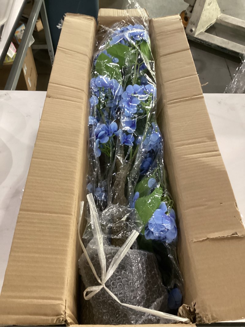 Condition photo showing Good Condition for 3ft blue hydrangea artificial flowers tree large real touch faux silk hydrangea plants potted fake flower in black pot for home indoor outdoor front porch garden entrance living room decor, 2 pack blue-3ft-2pcs 3ft-style 1