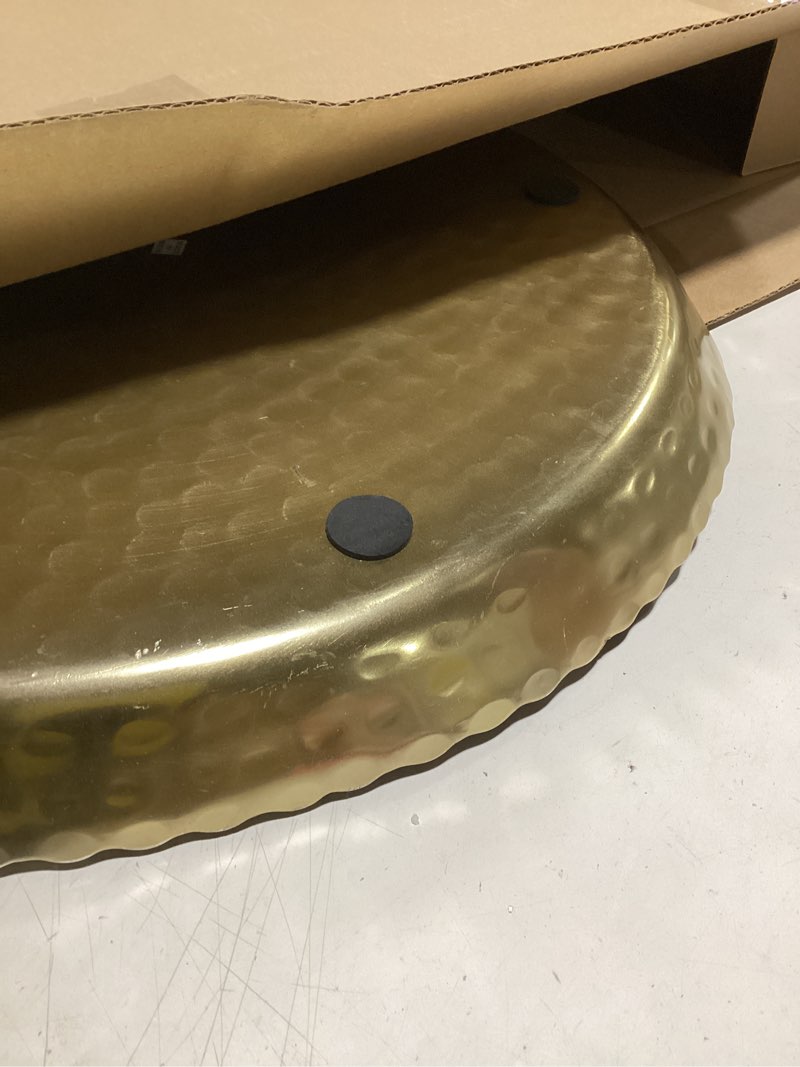 Condition photo showing As Is for Red Co. 20” Large Round Decorative Antique Gold-Tone Aluminum Display and Serving Centerpiece Tray