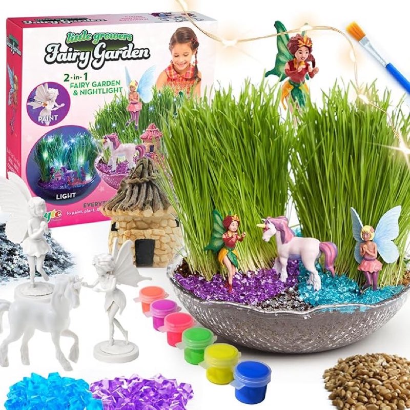 bryte fairy garden kit - multicolor adjustable - diy stem craft set with paintable unicorn & fairy figurines, led lights & crystal rocks - gardening set for kids