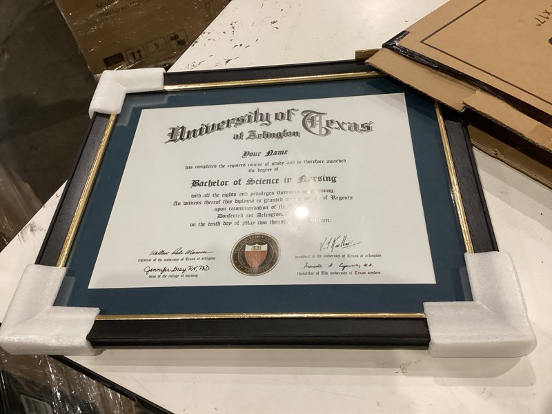 Condition photo showing Good Condition for framepro 11x14 master diploma frame with navy over gold mat, 14x17 college certificate frame, real wood with gold trim, black frame with arcylic 11x14 with navy over gold mat black
