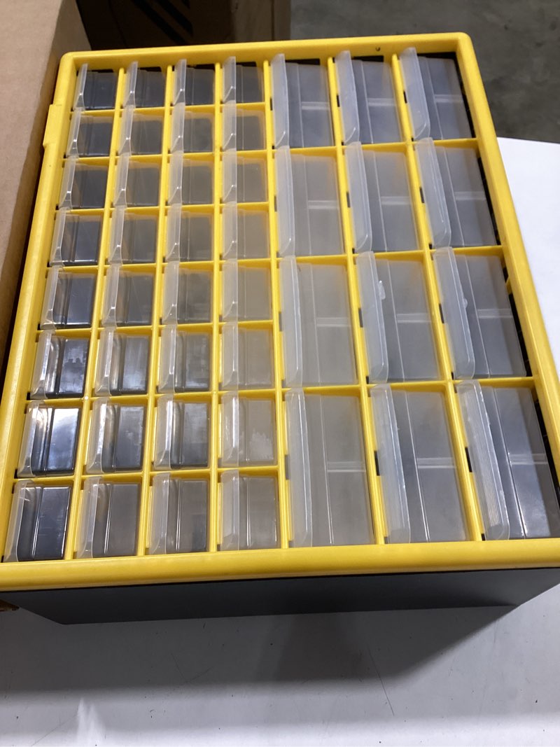 Condition photo showing New/Like New for akro-mils 44-drawer plastic storage cabinet, 20"w x 6"d x 16"h, yellow | plastic cabinet w/ drawers for garage organization, beads, building bricks storage, teacher toolbox, makeup organizer, 10144 yellow 44 drawer 1 pack