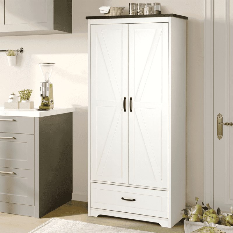 RichYa 71"H Linen Storage Cabinet, White Kitchen Pantry Cabinets with Drawer,2 Barn Doors Cabinet with Shelves for Dining Room, Bathroom, Living Room 