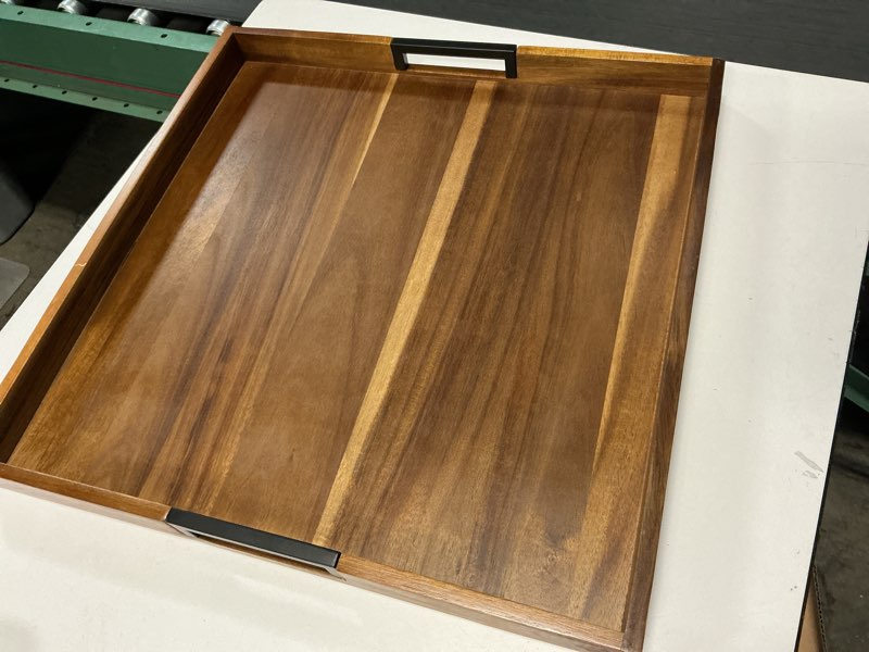 Condition photo showing Good Condition for Large Square Ottoman Tray for Living Room and Coffee Table 22 Inch Decorative Acacia Wood Serving Tray with Handles for Breakfast in Bed, Dinner Food Kitchen TV (Natural, 22" x 22" x 2") Natural 22" x 22" x 2"