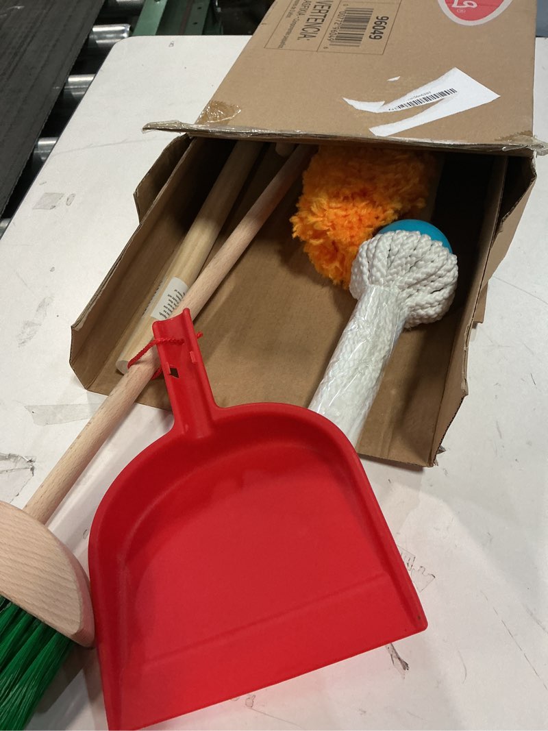 Condition photo showing Good Condition for melissa & doug dust sweep mop 6-piece pretend play set, toddler toy cleaning, pretend play home cleaning, kids broom and mop set for ages 3+ dust! sweep! mop!