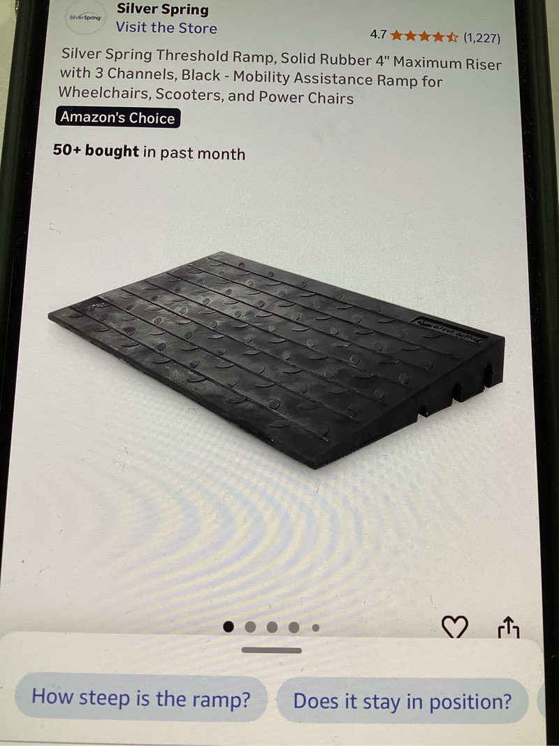 Silver spring treshold ramp, solid rubber 4” maximum riser