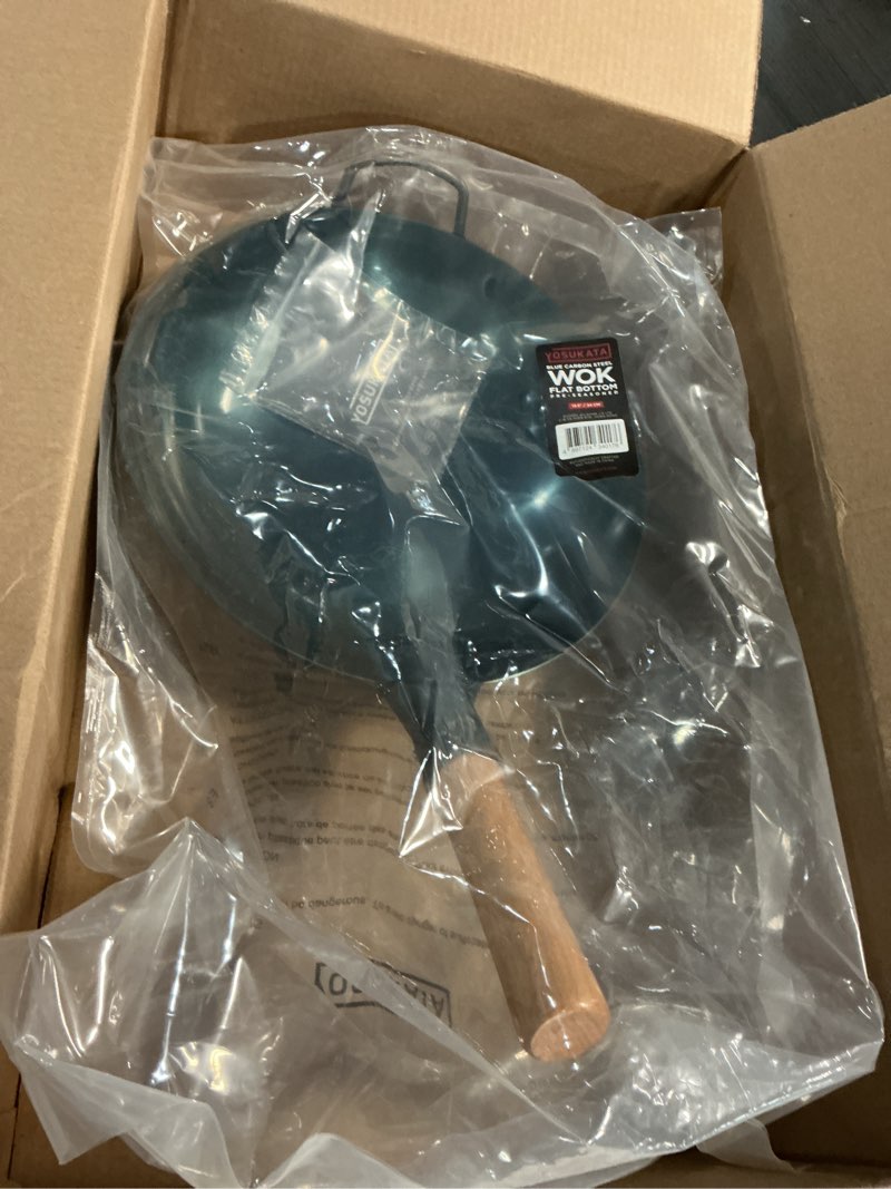 Condition photo showing Good Condition for yosukata 13.5” blue carbon steel wok pan – pre-seasoned flat bottom wok compatible with open fire, gas, electric, ceramic, induction cooktops -traditional chinese pan for stir fry, bbq, grill, camping