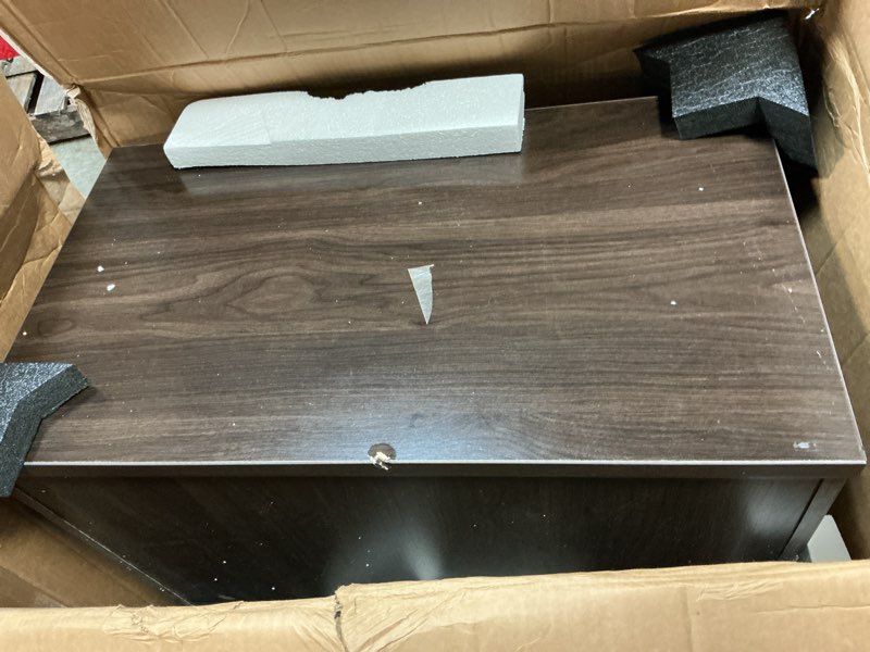 Condition photo showing As Is for bush business furniture studio c office storage cabinet with drawers and shelves in black walnut, organization for home or professional workspace