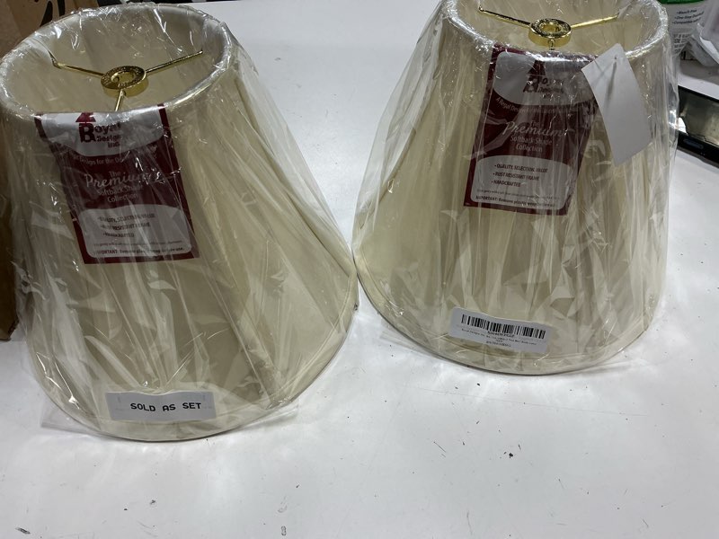 Condition photo showing Good Condition for aspen creative 38004-2 traditional handsewn bell shaped collapsible spider construction lamp shade in cream, 8\" top x 17\" bottom x 13\" slant, set of 2