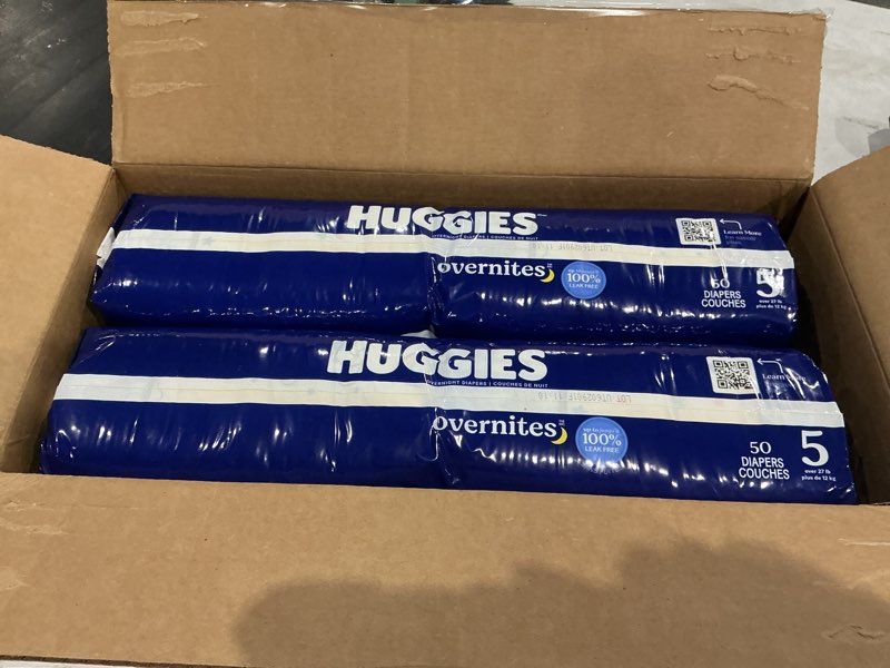 Condition photo showing New/Like New for huggies size 5 overnites baby diapers: overnight diapers, size 5 (27+ lbs), 100 ct (2 packs of 50), packaging may vary size 5 100