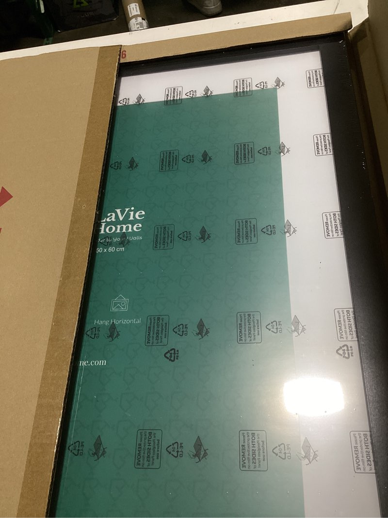 Condition photo showing As Is for lavie home 20x24 picture frame black poster frame,display pictures 16x20 with mat or 20x24 without mat, stable and sturdy frame and polished plexiglass, horizontal and vertical format of the walls 20x24 black