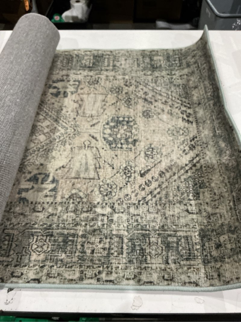 Condition photo showing As Is for loloi magnolia home by joanna gaines sinclair collection sin-04 natural/sage 2'-0" x 5'-0", .25" pile height, machine washable, accent rug natural / sage 2' x 5' (rectangular)