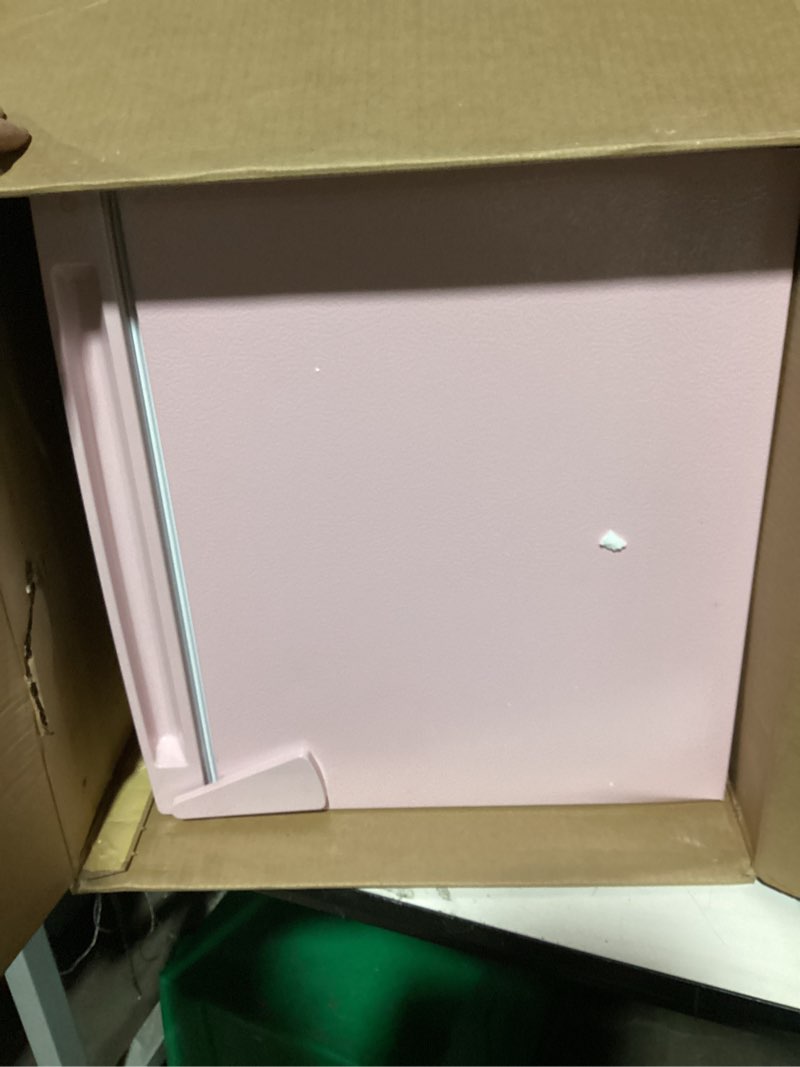 Condition photo showing New/Like New for frigidaire efr376 retro bar fridge refrigerator with side bottle opener, 3.2 cu. ft, pink/coral