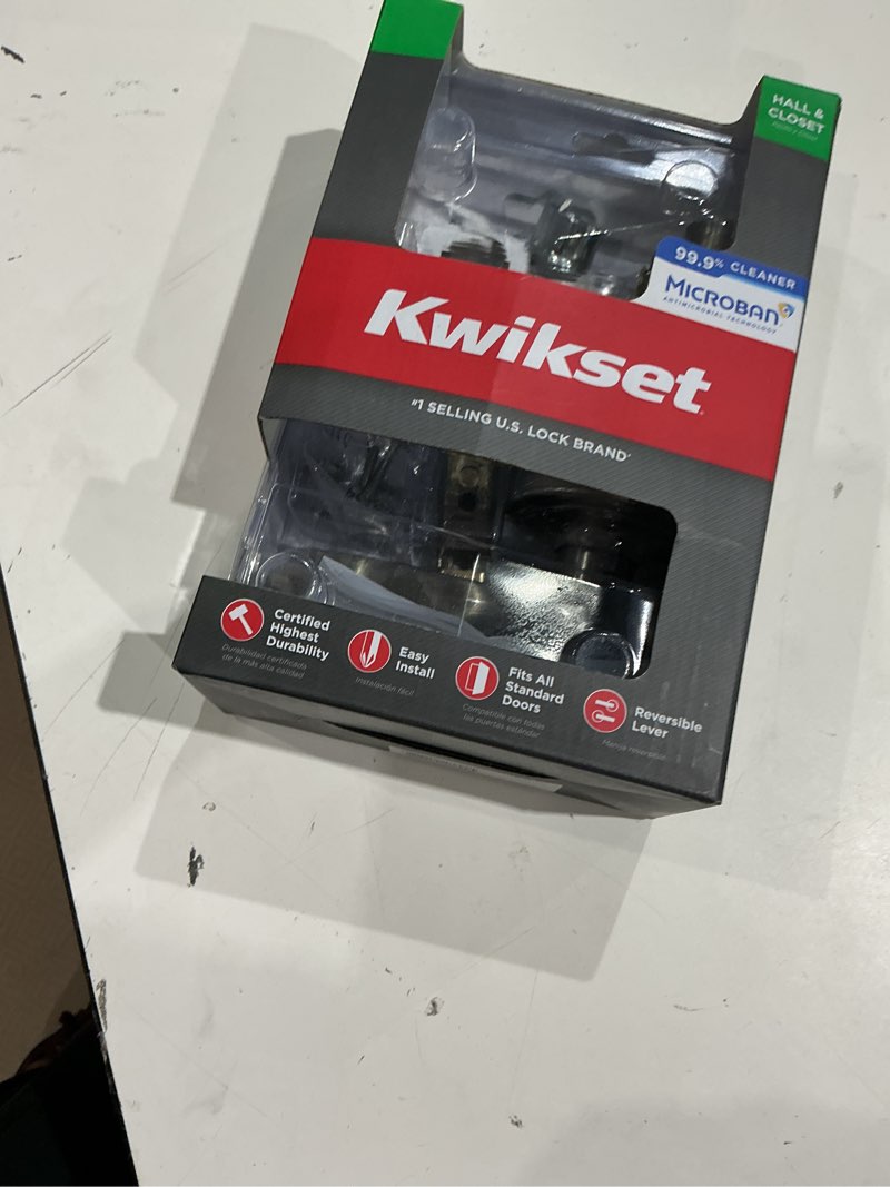 Condition photo showing As Is for kwikset tustin satin nickel passage lever 1-3/4 in.