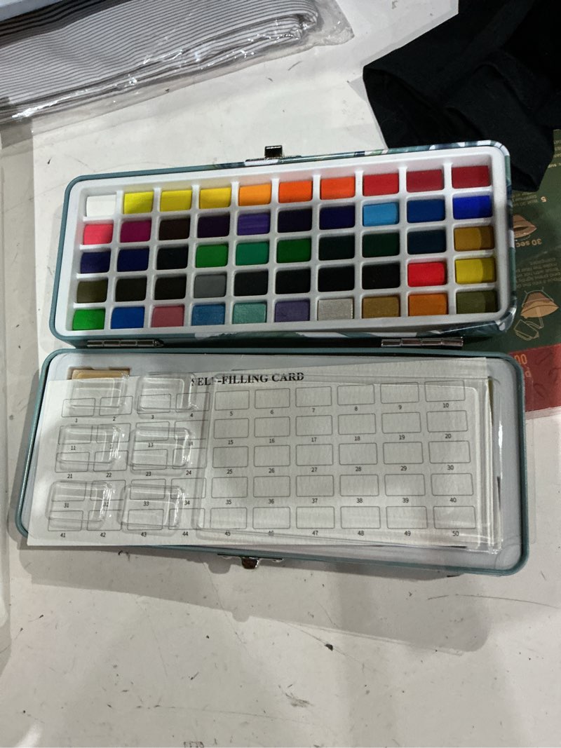 Condition photo showing Good Condition for watercolor workbook, water coloring book, 12 different patterns of original diy designs, 50 colors watercolor paint set with palette and brush, beginner-friendly watercolor workbooks (bouquets) flowers