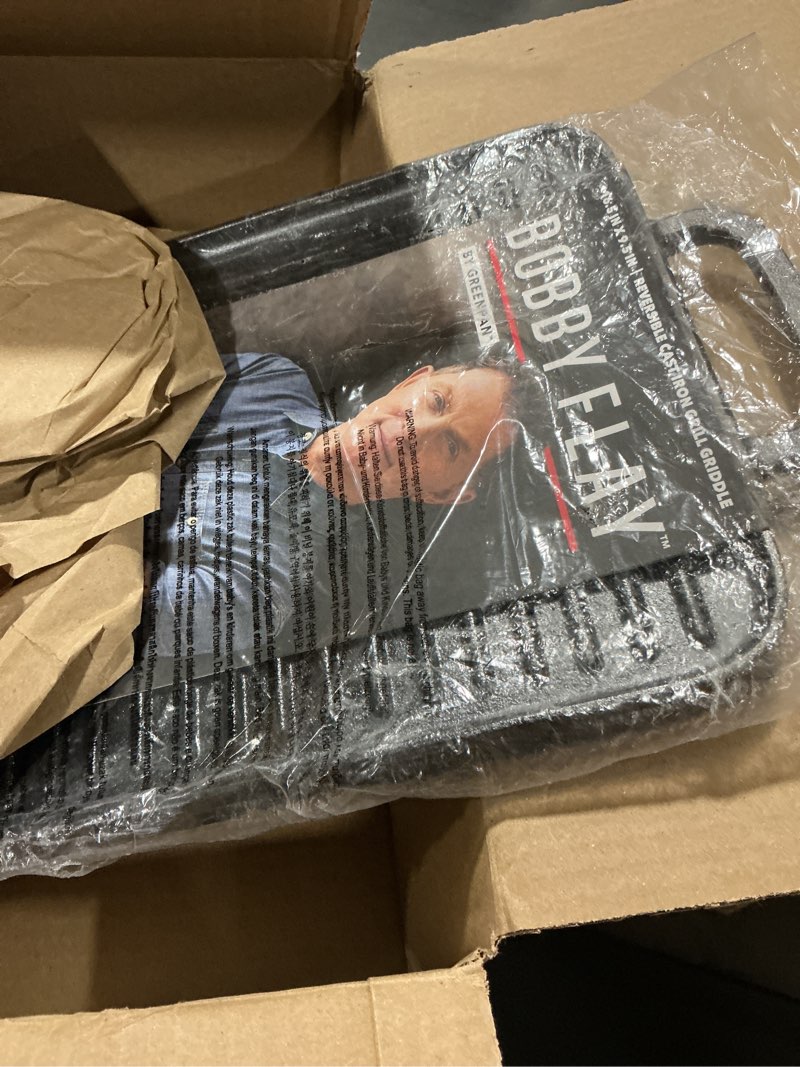 Condition photo showing Good Condition for greenpan x bobby flay cast iron pre-seasoned 16.5 x 9.5” reversible double burner griddle, rectangular grill, helper handles, induction, versatile stovetop oven bbq & fire, indoor & outdoor use, black