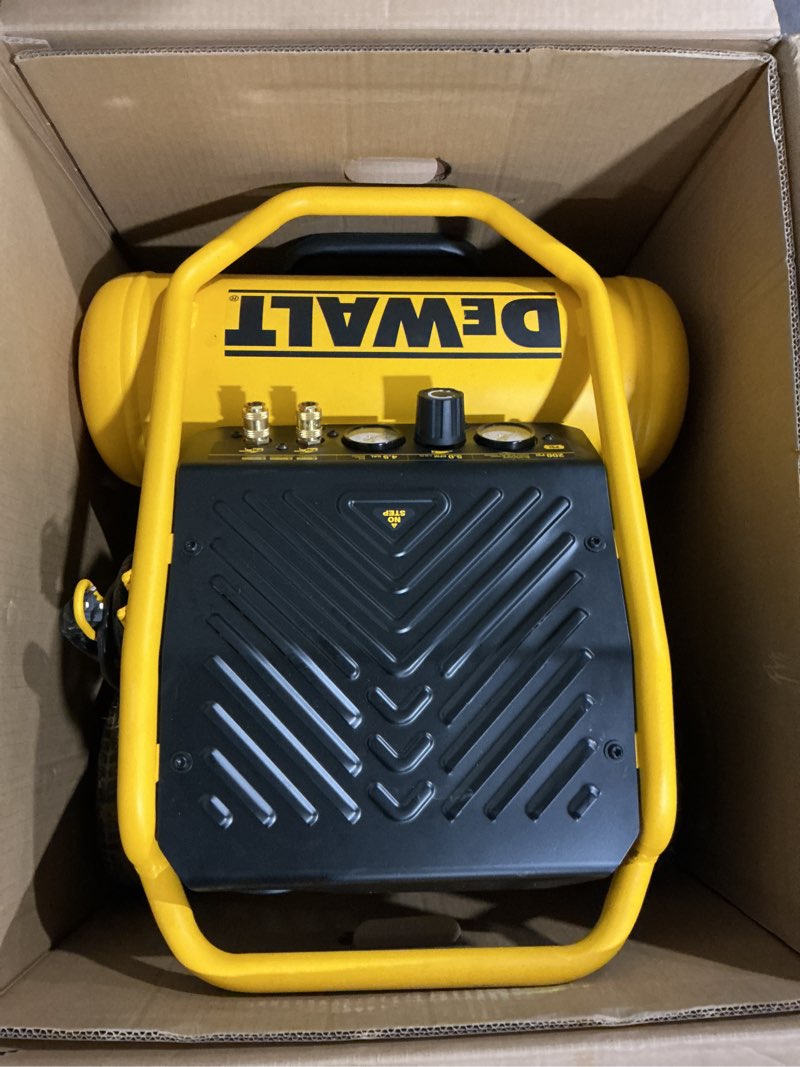 Condition photo showing As Is for dewalt xtreme quiet 2 stage 4.5-gallon portable electric 200 psi hot dog air compressor