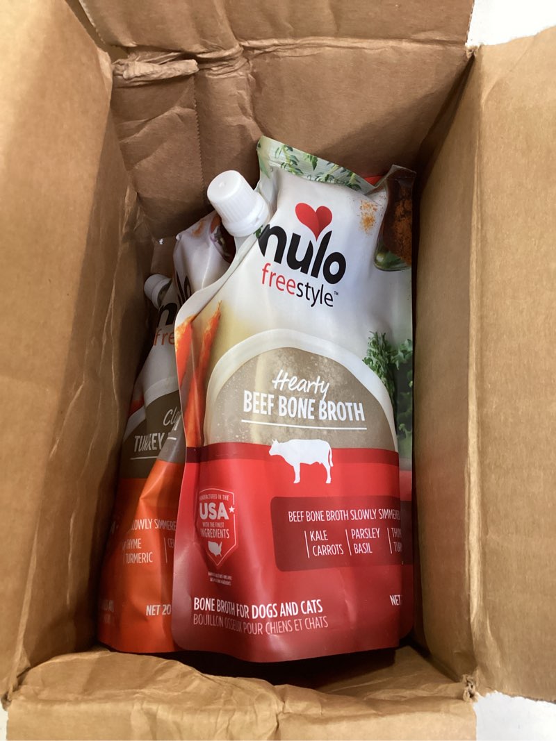 Condition photo showing New/Like New for (BBD:07/20/2026) Nulo Freestyle Bone Broth, Premium Food Topper for Cats and Dogs, with Collagen and Chondroitin Sulfate to Help Boost The Quality of Your Pet’s Coat and Skin, 20 Fl Oz (Pack of 3) Variety Pack 20 Fl Oz (Pack of 3)
