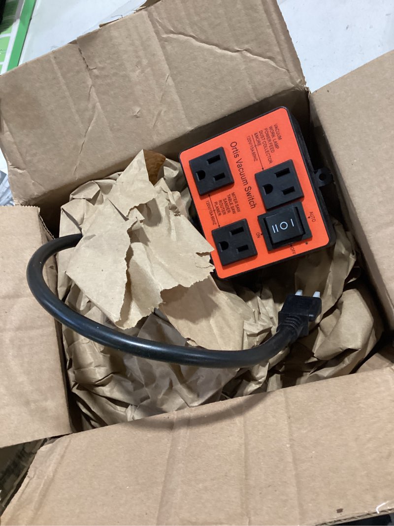 Condition photo showing Good Condition for automatic vacuum switch, ortis vacuum switch for more power tools, delay vacuum on/off to prevent circuit overload and tripping, keep your workplace cleaner, better for your lung orange